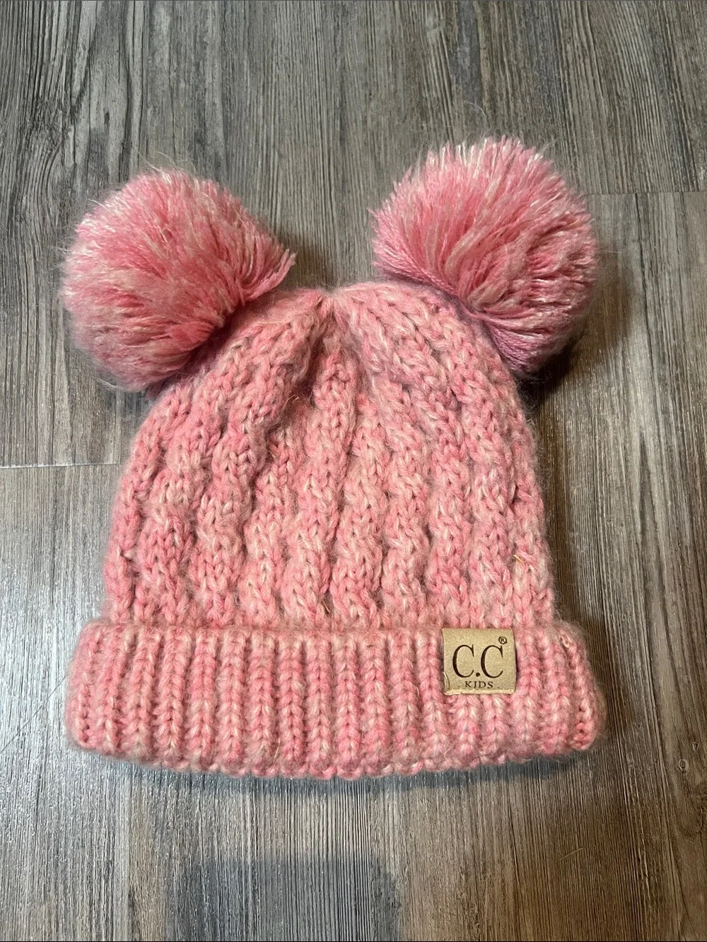 C.C Kids Pink Cable Knit Hat with Double Poms
